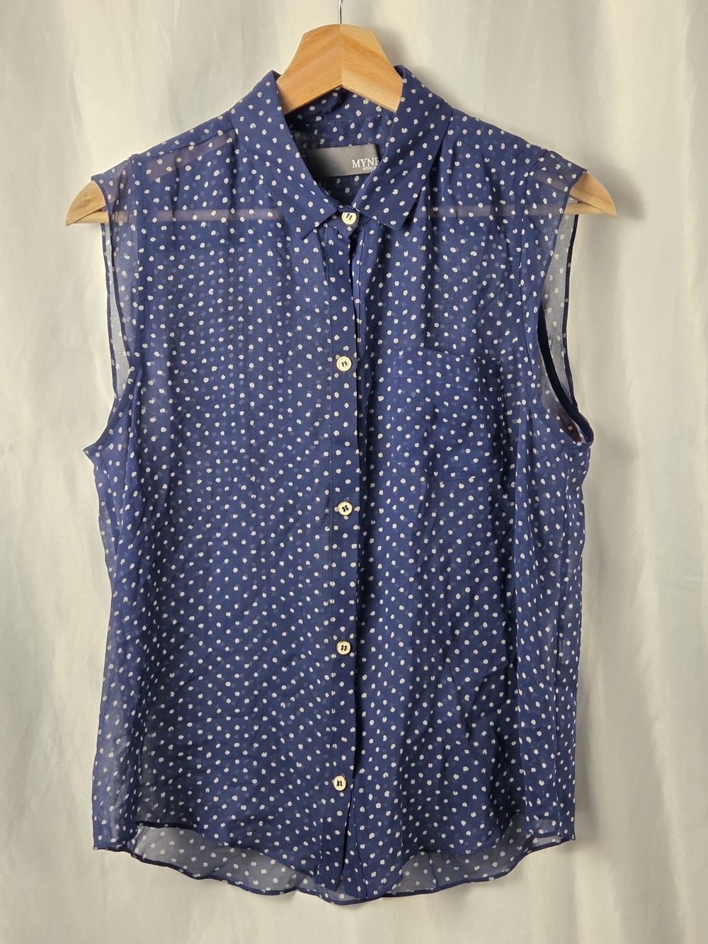 MYNE Ashley Ann Navy Polka Dot Sleeveless Button-Up Blouse Size Small 100% Silk